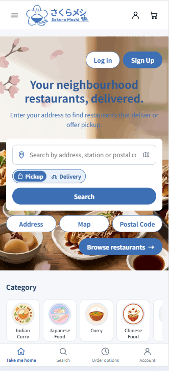 Sakura Meshi mobile home page with restaurant search and food categories